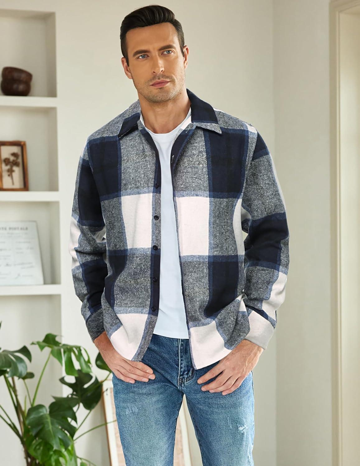 imageCOOFANDY Mens Flannel Shirts Casual Button Down Plaid Shirt Jacket Long Sleeve Fleece ShacketNavywhite Plaid