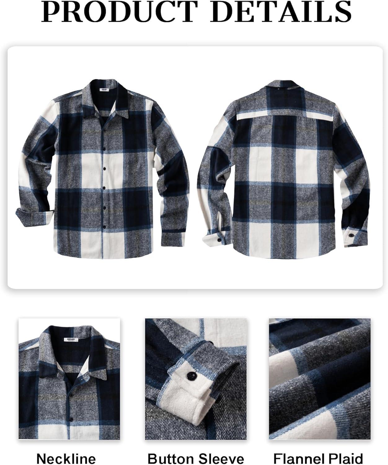 imageCOOFANDY Mens Flannel Shirts Casual Button Down Plaid Shirt Jacket Long Sleeve Fleece ShacketNavywhite Plaid