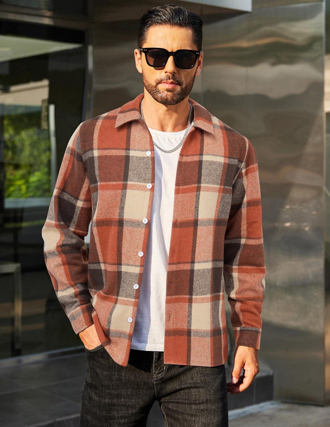 imageCOOFANDY Mens Flannel Shirts Casual Button Down Plaid Shirt Jacket Long Sleeve Fleece ShacketOrangekhaki Plaid