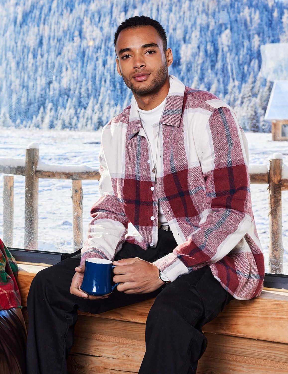 imageCOOFANDY Mens Flannel Shirts Casual Button Down Plaid Shirt Jacket Long Sleeve Fleece ShacketRedwhite Plaid