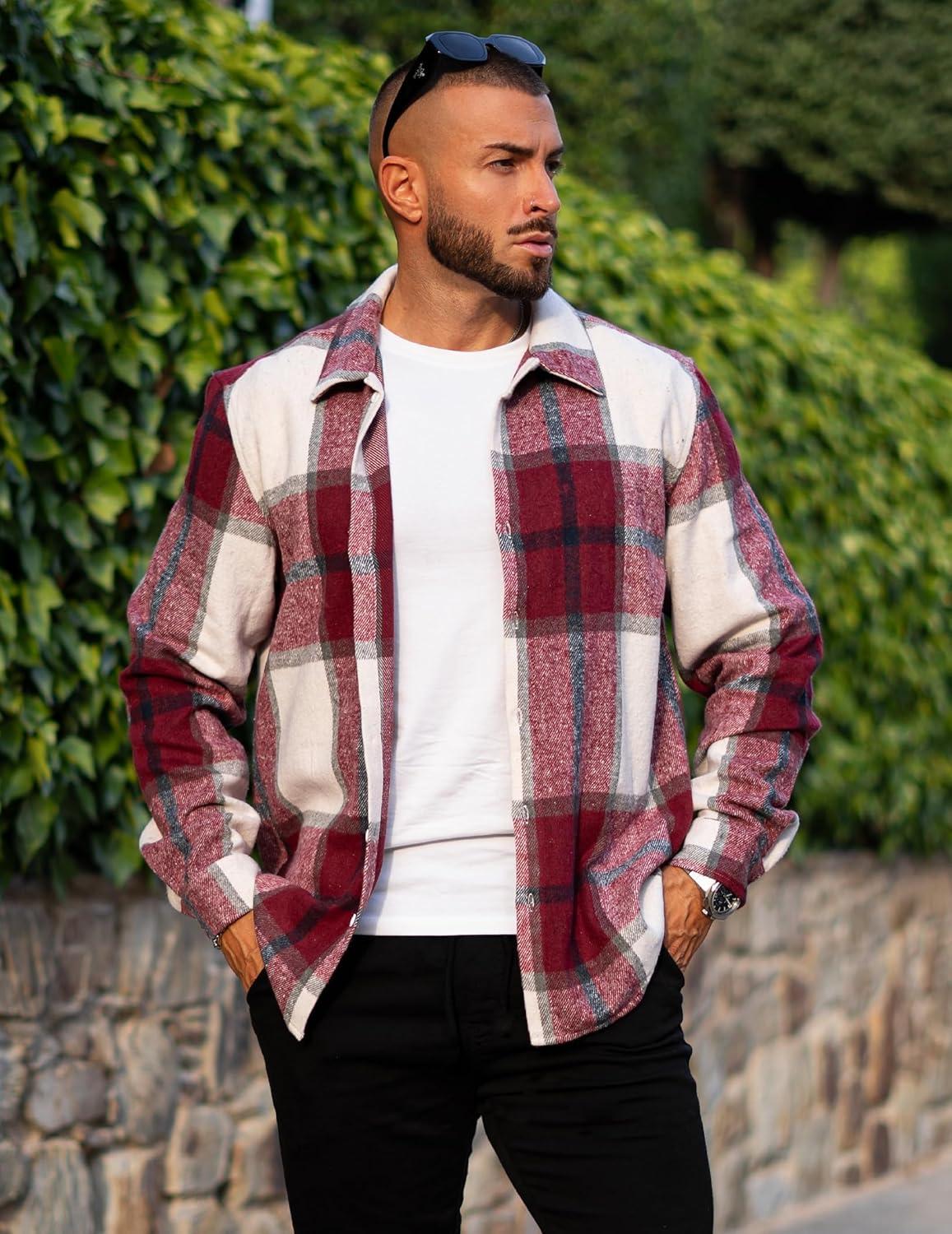 imageCOOFANDY Mens Flannel Shirts Casual Button Down Plaid Shirt Jacket Long Sleeve Fleece ShacketRedwhite Plaid