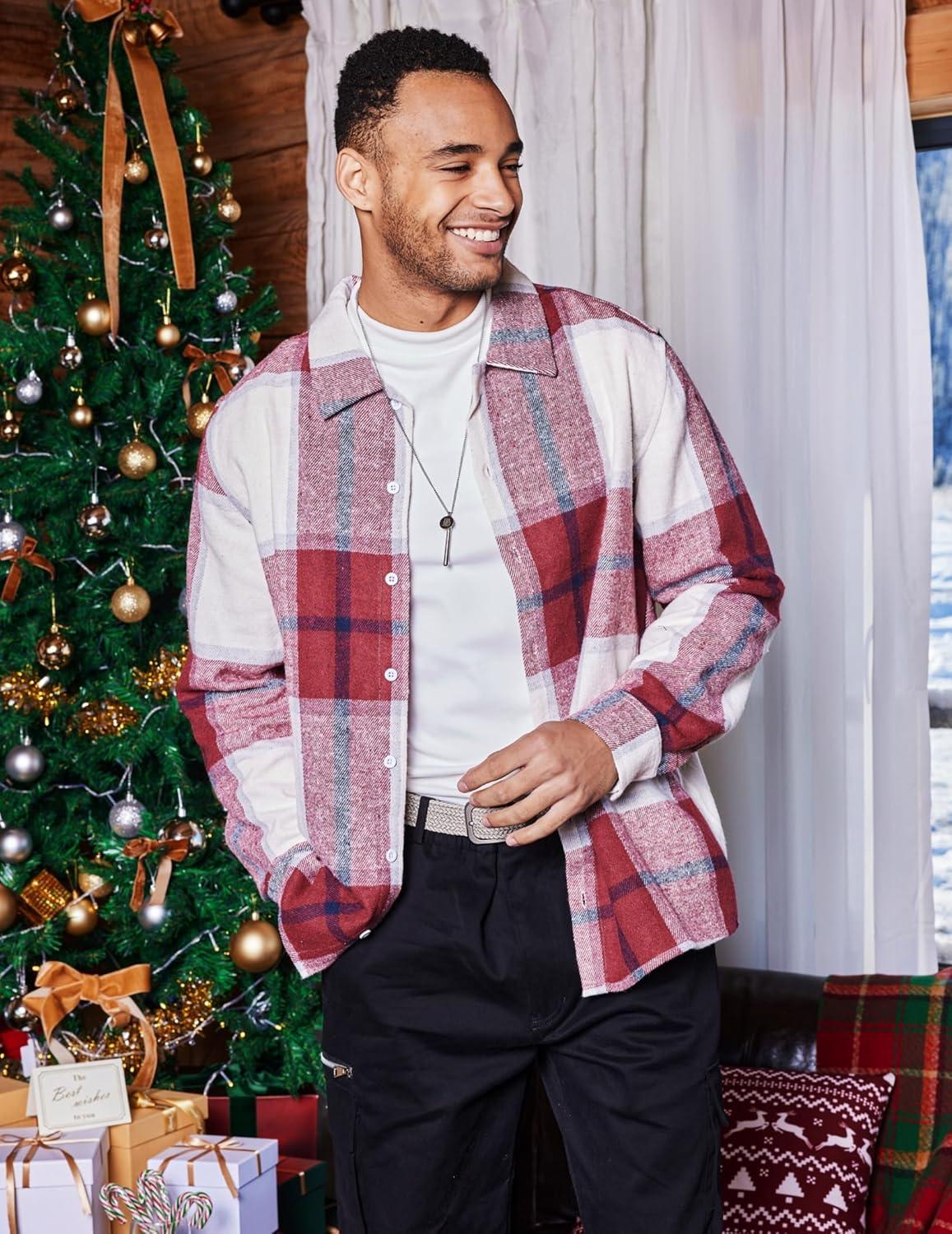 imageCOOFANDY Mens Flannel Shirts Casual Button Down Plaid Shirt Jacket Long Sleeve Fleece ShacketRedwhite Plaid