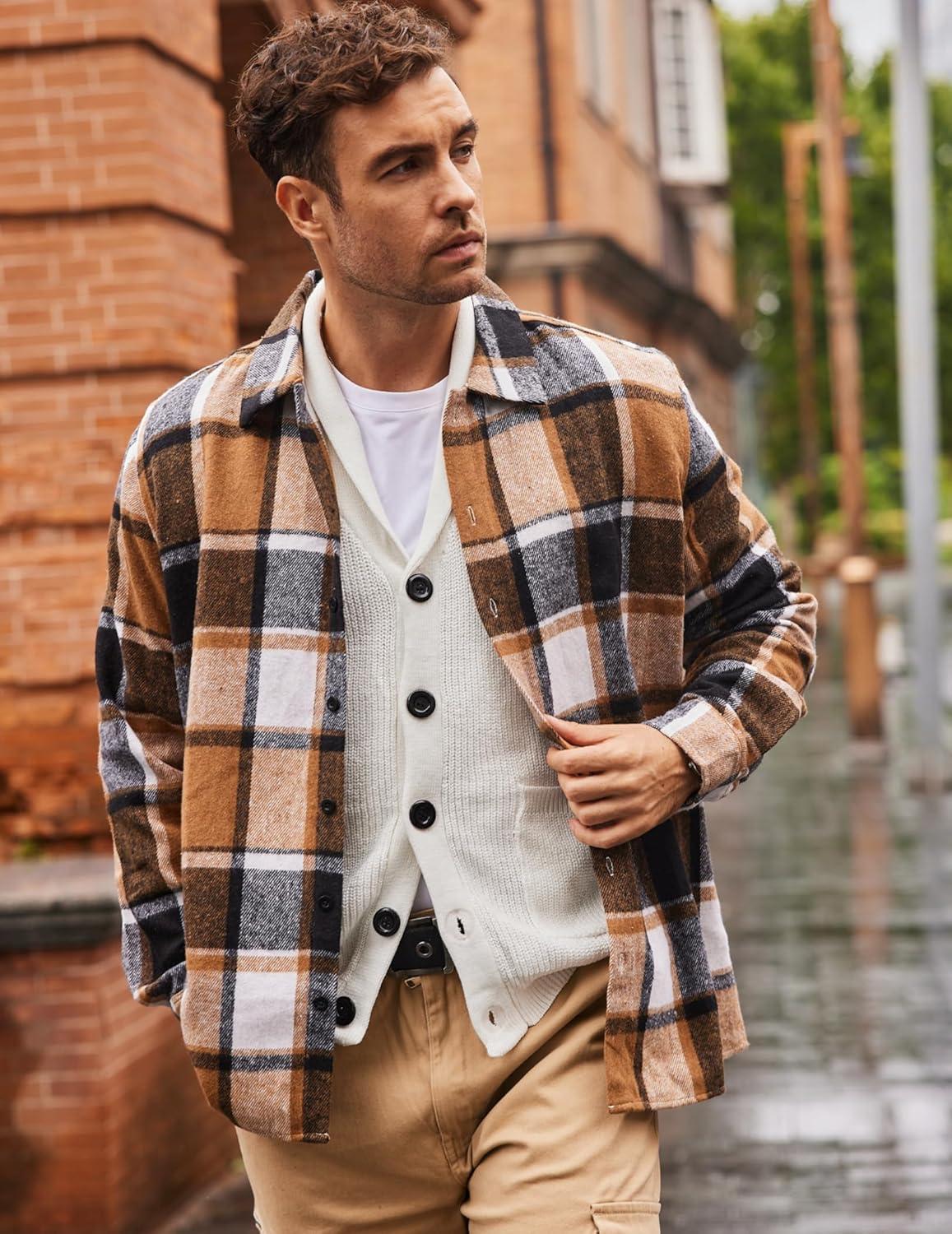 imageCOOFANDY Mens Flannel Shirts Casual Button Down Plaid Shirt Jacket Long Sleeve Fleece ShacketYellowgrey Plaid