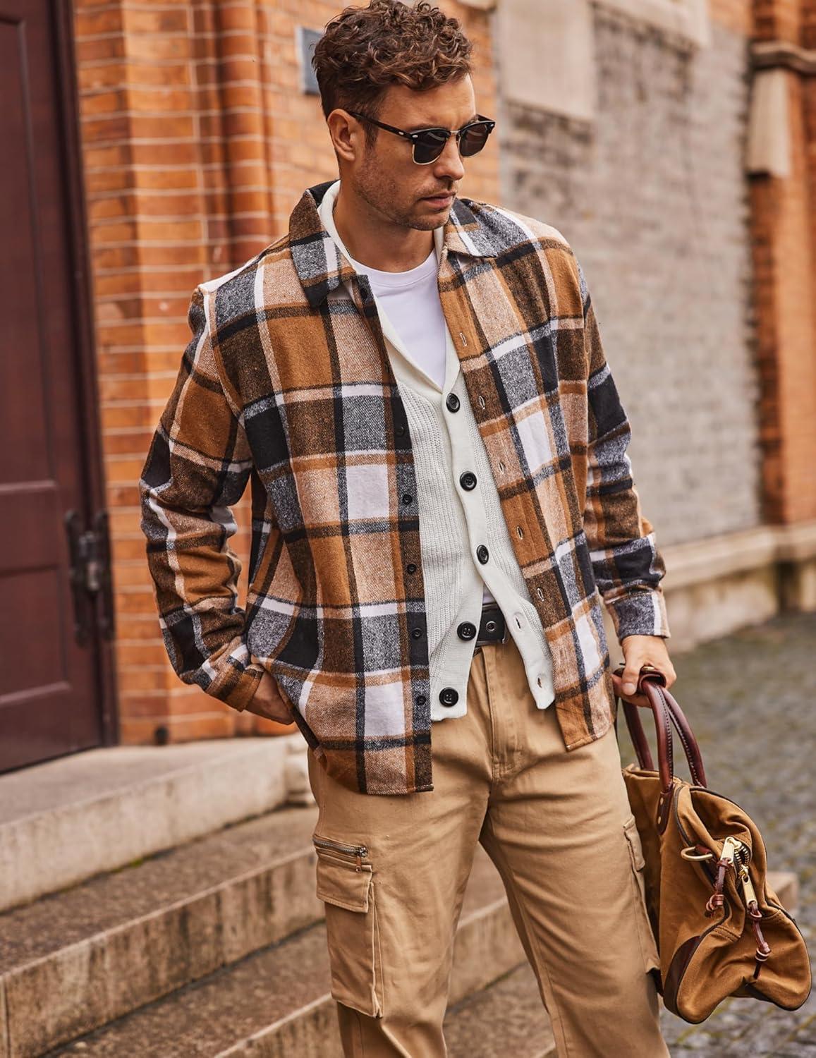 imageCOOFANDY Mens Flannel Shirts Casual Button Down Plaid Shirt Jacket Long Sleeve Fleece ShacketYellowgrey Plaid