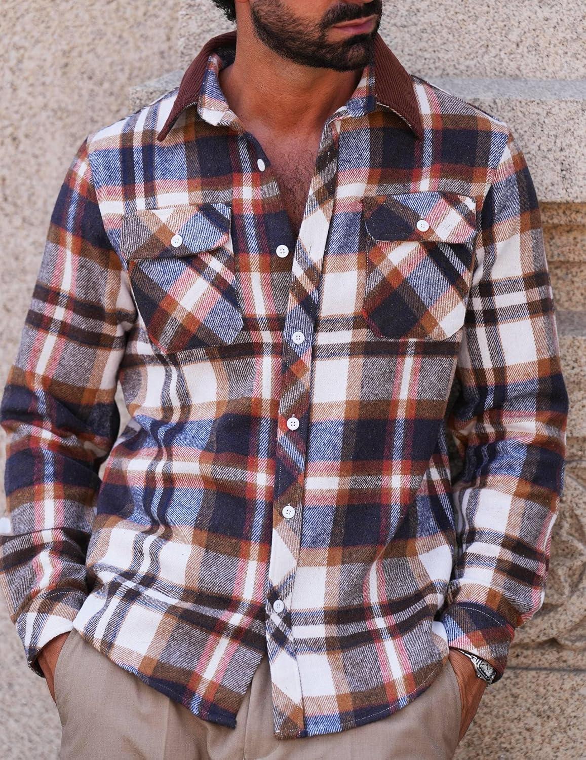 imageCOOFANDY Mens Flannel Shirts Long Sleeve Fleece Plaid Jacket Casual Stylish Button Down Shirts with PocketsBrown