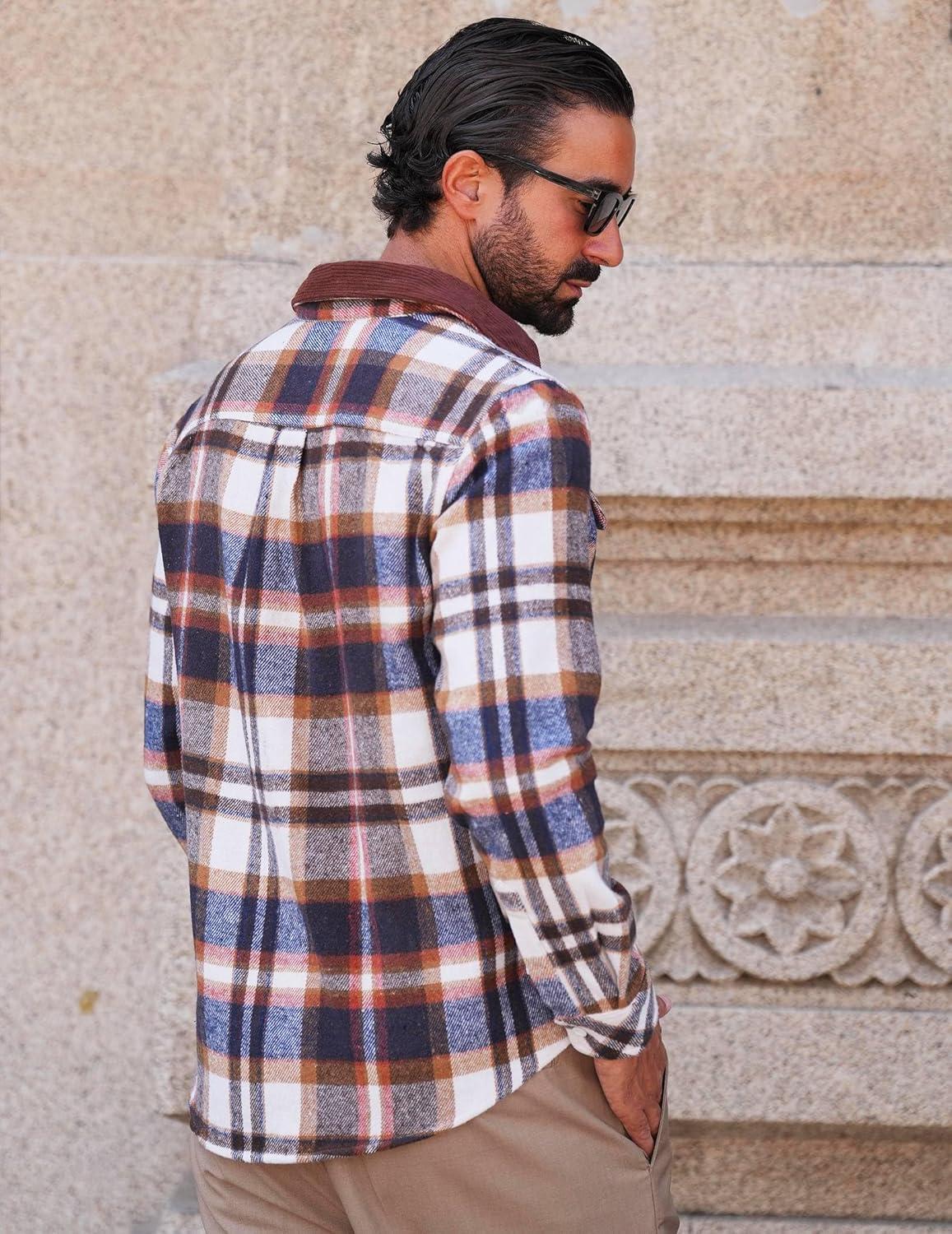 imageCOOFANDY Mens Flannel Shirts Long Sleeve Fleece Plaid Jacket Casual Stylish Button Down Shirts with PocketsBrown