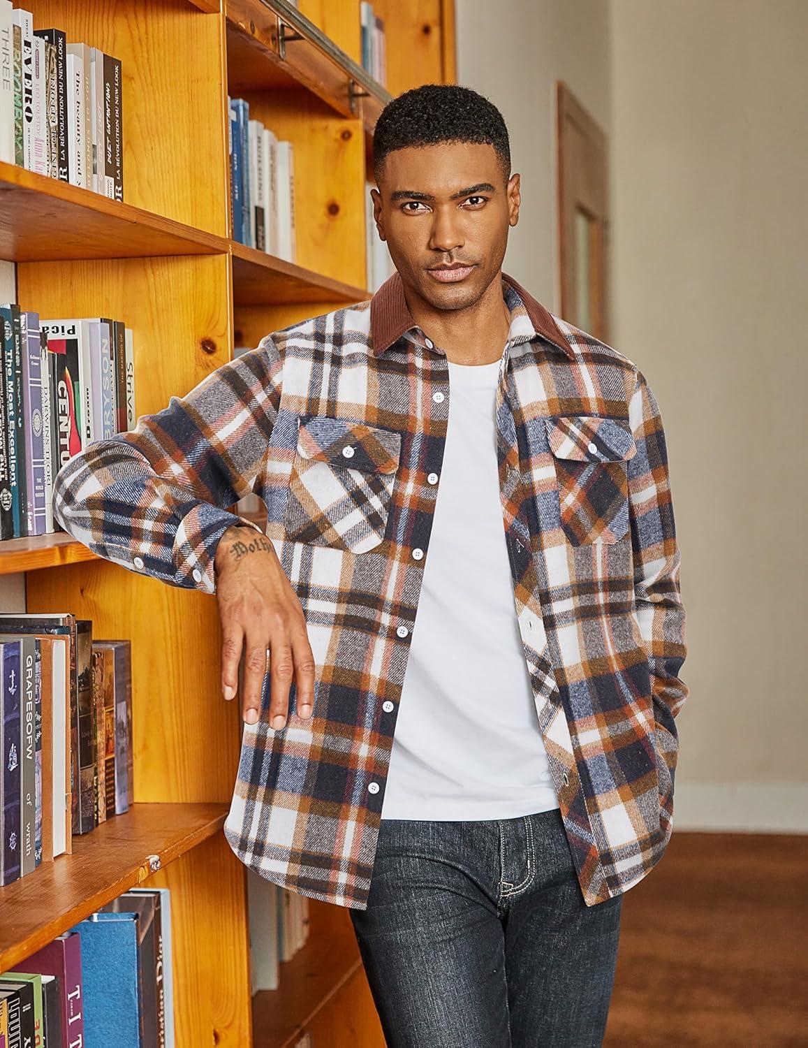 imageCOOFANDY Mens Flannel Shirts Long Sleeve Fleece Plaid Jacket Casual Stylish Button Down Shirts with PocketsBrown