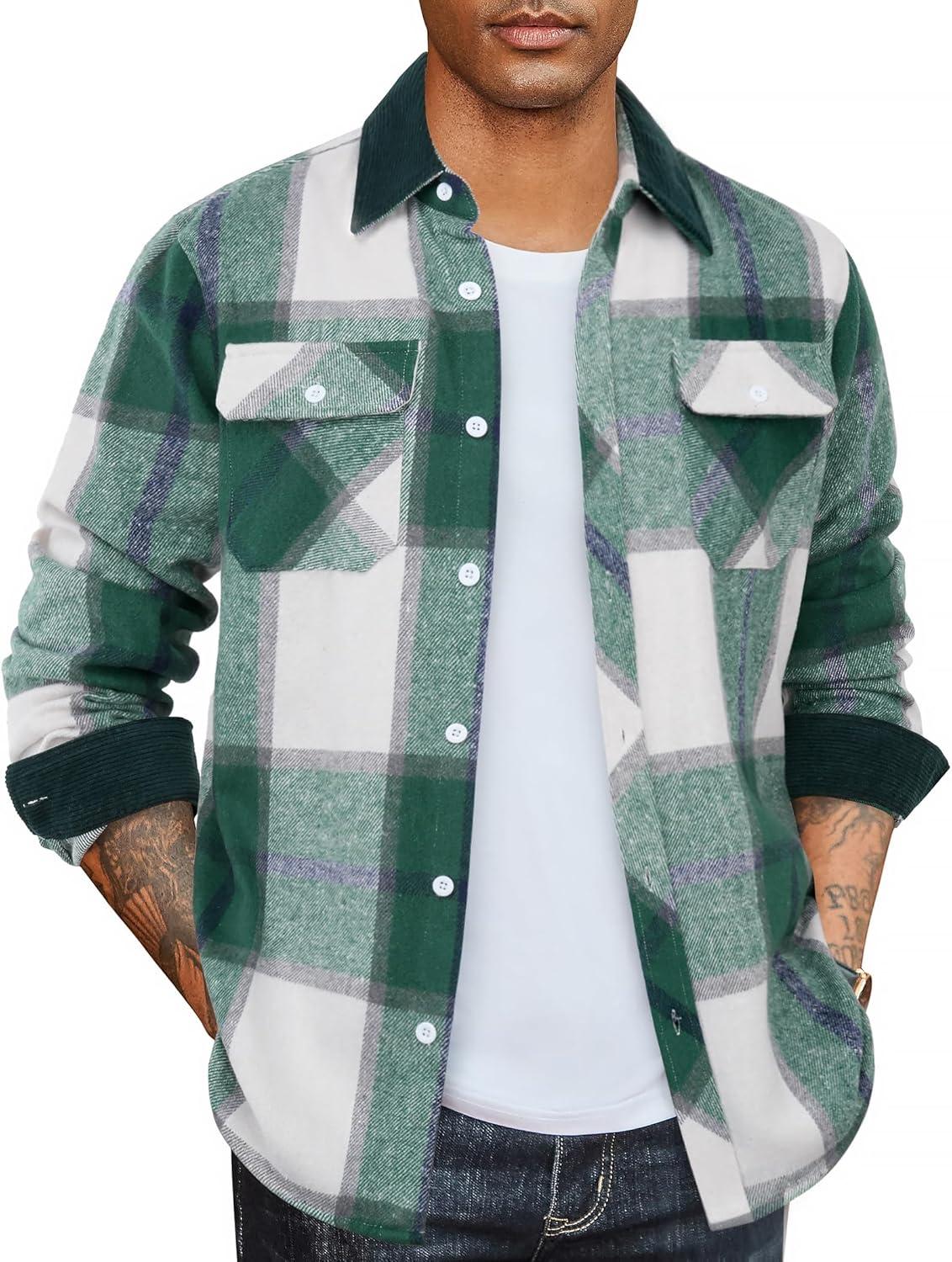 imageCOOFANDY Mens Flannel Shirts Long Sleeve Fleece Plaid Jacket Casual Stylish Button Down Shirts with PocketsGreen