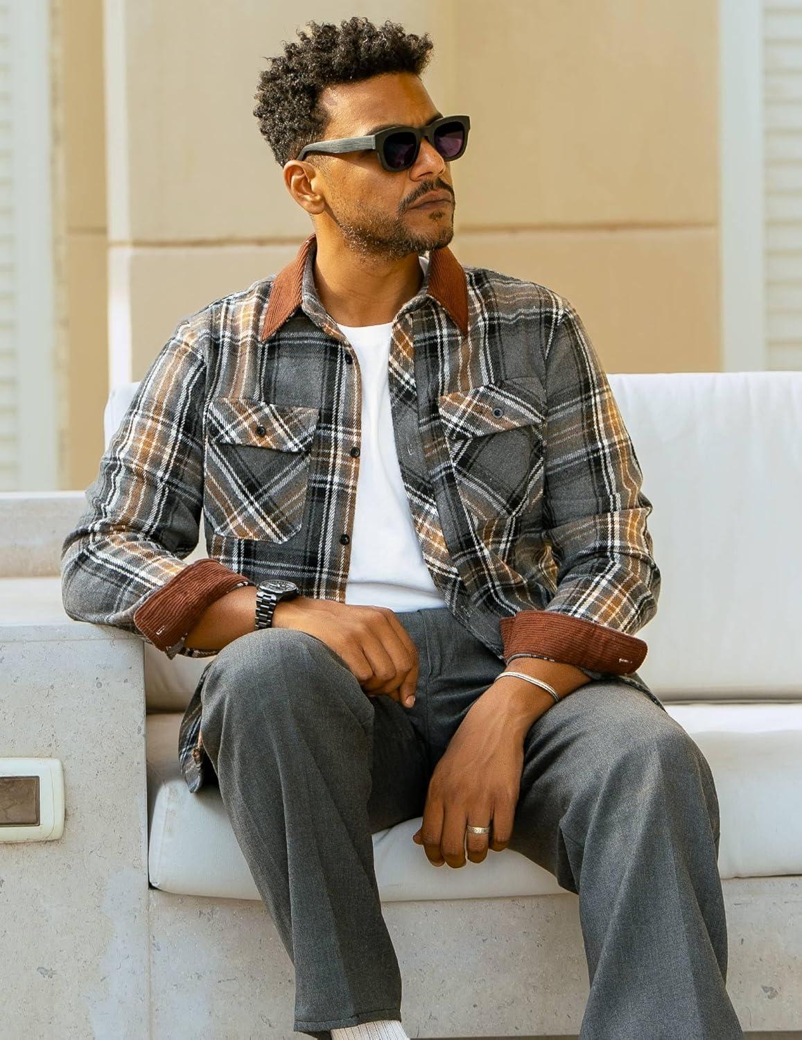 imageCOOFANDY Mens Flannel Shirts Long Sleeve Fleece Plaid Jacket Casual Stylish Button Down Shirts with PocketsGrey