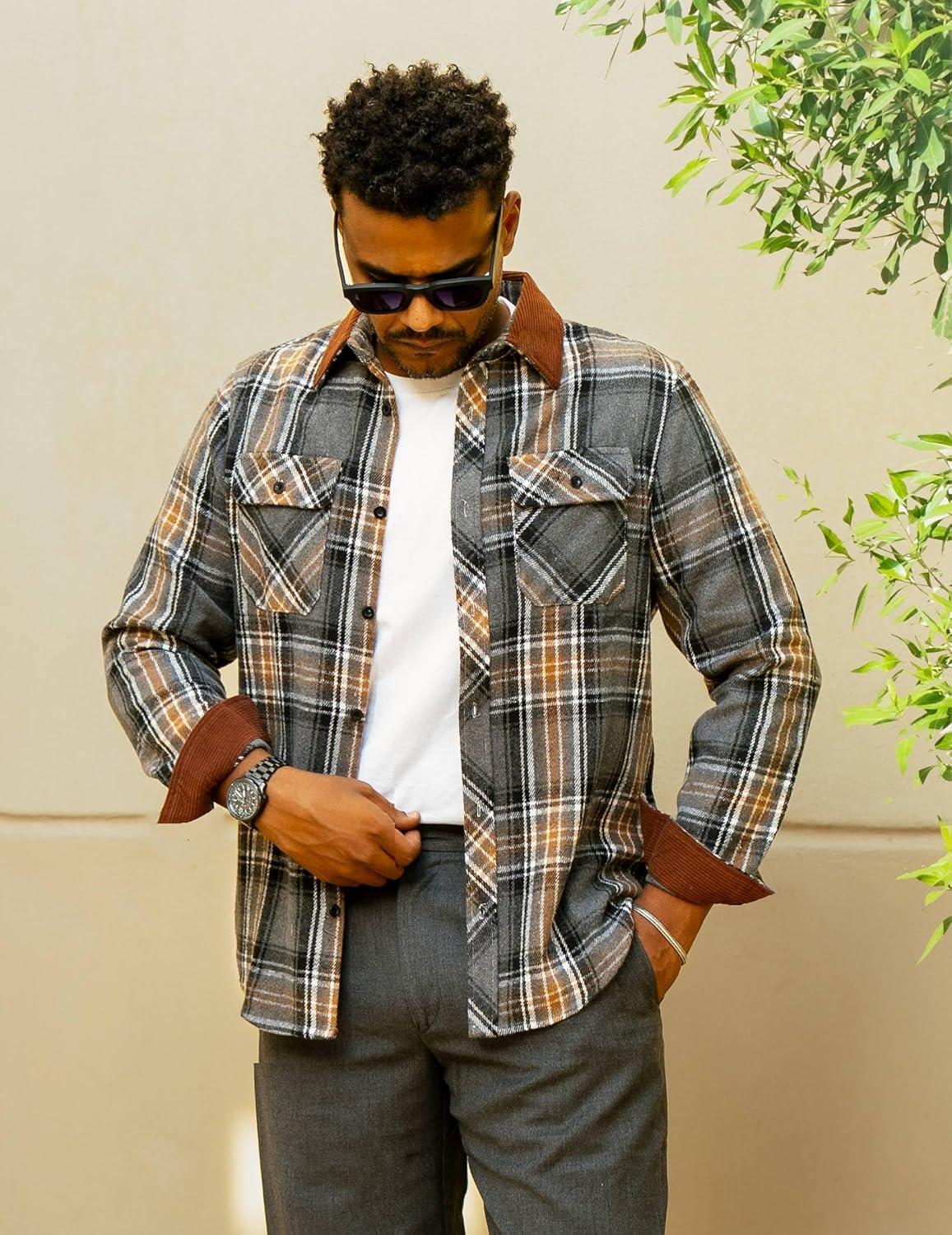 imageCOOFANDY Mens Flannel Shirts Long Sleeve Fleece Plaid Jacket Casual Stylish Button Down Shirts with PocketsGrey