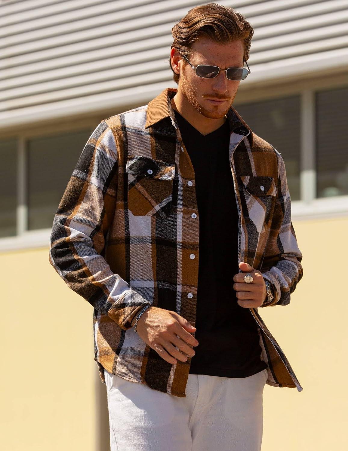 imageCOOFANDY Mens Flannel Shirts Long Sleeve Fleece Plaid Jacket Casual Stylish Button Down Shirts with PocketsKhaki