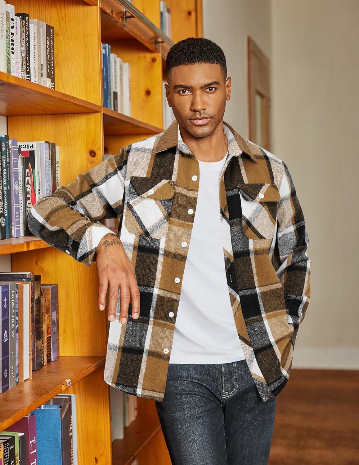 imageCOOFANDY Mens Flannel Shirts Long Sleeve Fleece Plaid Jacket Casual Stylish Button Down Shirts with PocketsKhaki