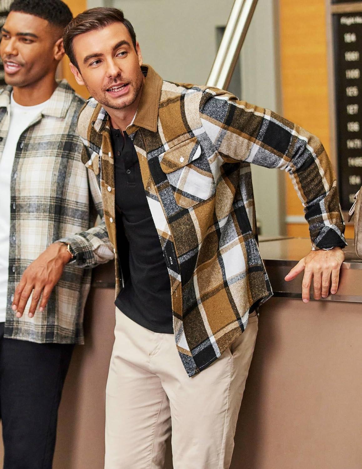 imageCOOFANDY Mens Flannel Shirts Long Sleeve Fleece Plaid Jacket Casual Stylish Button Down Shirts with PocketsKhaki