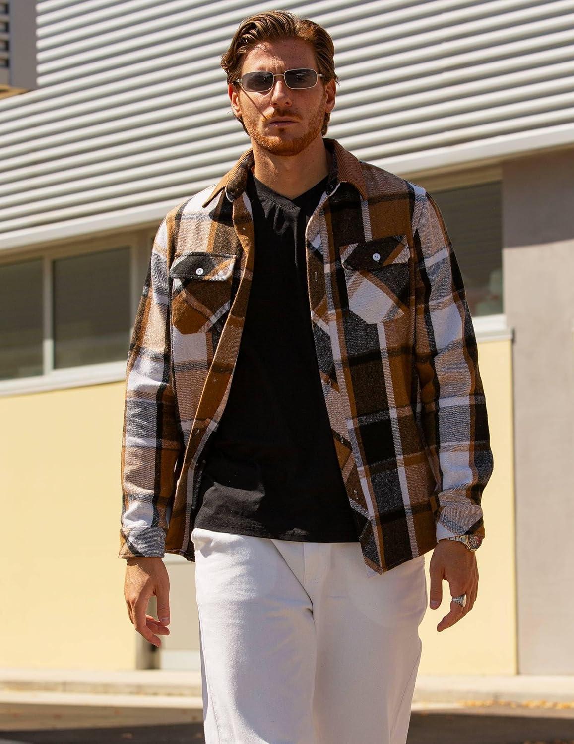 imageCOOFANDY Mens Flannel Shirts Long Sleeve Fleece Plaid Jacket Casual Stylish Button Down Shirts with PocketsKhaki