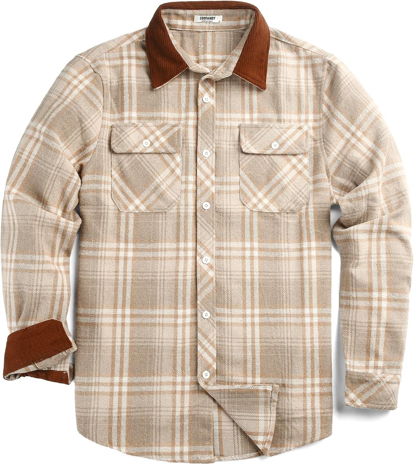 imageCOOFANDY Mens Flannel Shirts Long Sleeve Fleece Plaid Jacket Casual Stylish Button Down Shirts with PocketsLight Khaki