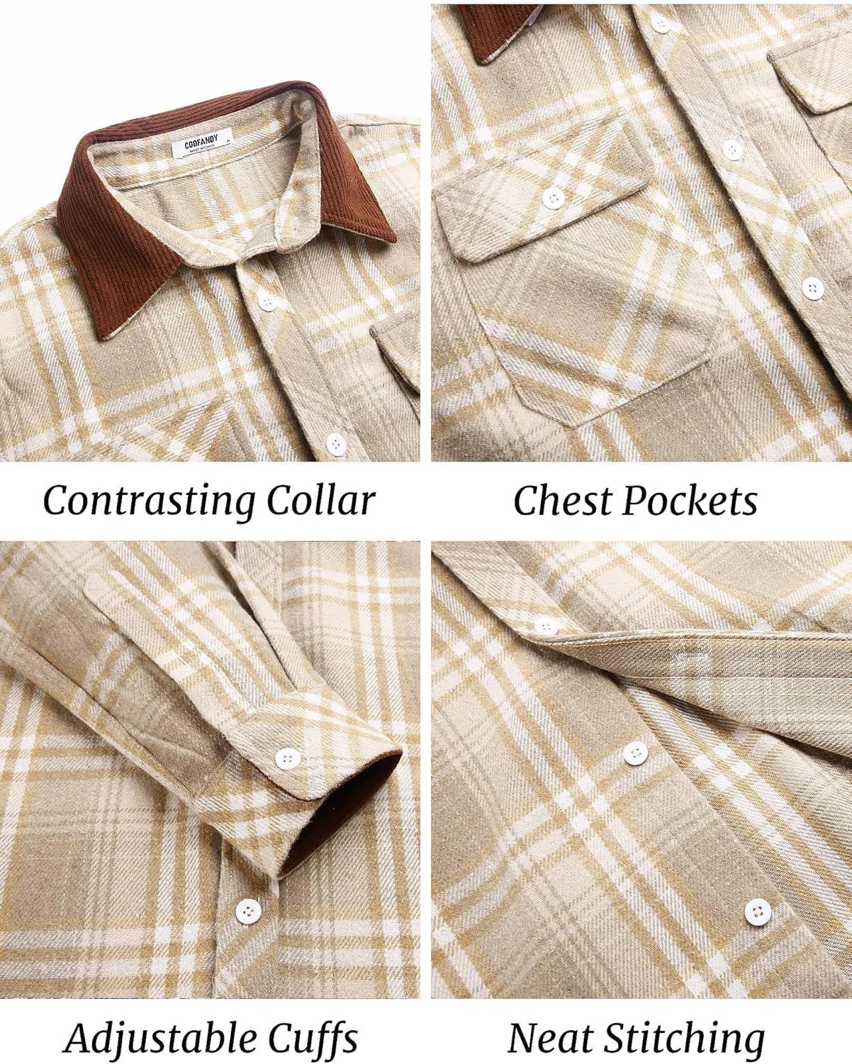 imageCOOFANDY Mens Flannel Shirts Long Sleeve Fleece Plaid Jacket Casual Stylish Button Down Shirts with PocketsLight Khaki
