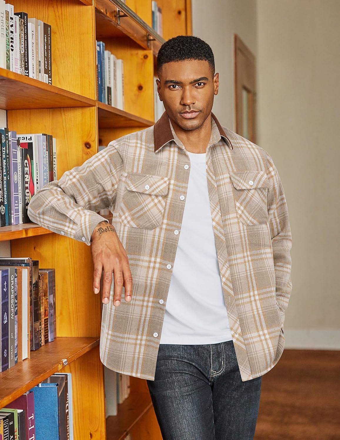 imageCOOFANDY Mens Flannel Shirts Long Sleeve Fleece Plaid Jacket Casual Stylish Button Down Shirts with PocketsLight Khaki