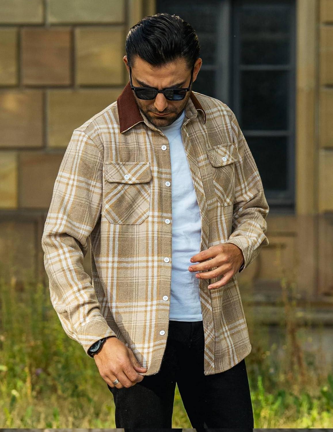 imageCOOFANDY Mens Flannel Shirts Long Sleeve Fleece Plaid Jacket Casual Stylish Button Down Shirts with PocketsLight Khaki