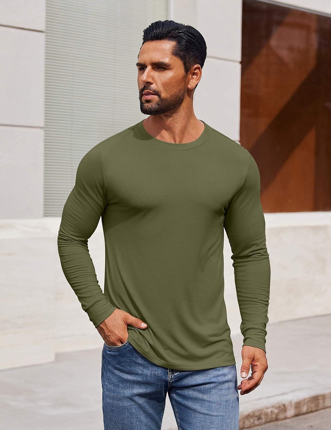 imageCOOFANDY Mens Long Sleeve Tee Shirts Crew Neck TShirt Casual Pullover Basic Tees Soft Stretch TshirtsArmy Green