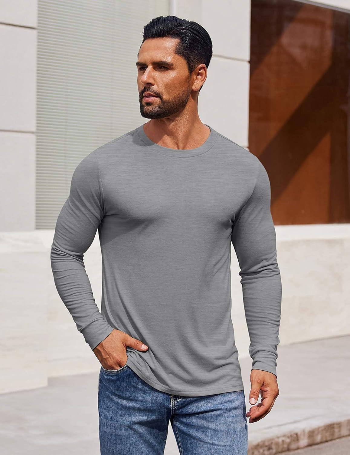 imageCOOFANDY Mens Long Sleeve Tee Shirts Crew Neck TShirt Casual Pullover Basic Tees Soft Stretch TshirtsAthletic Heather