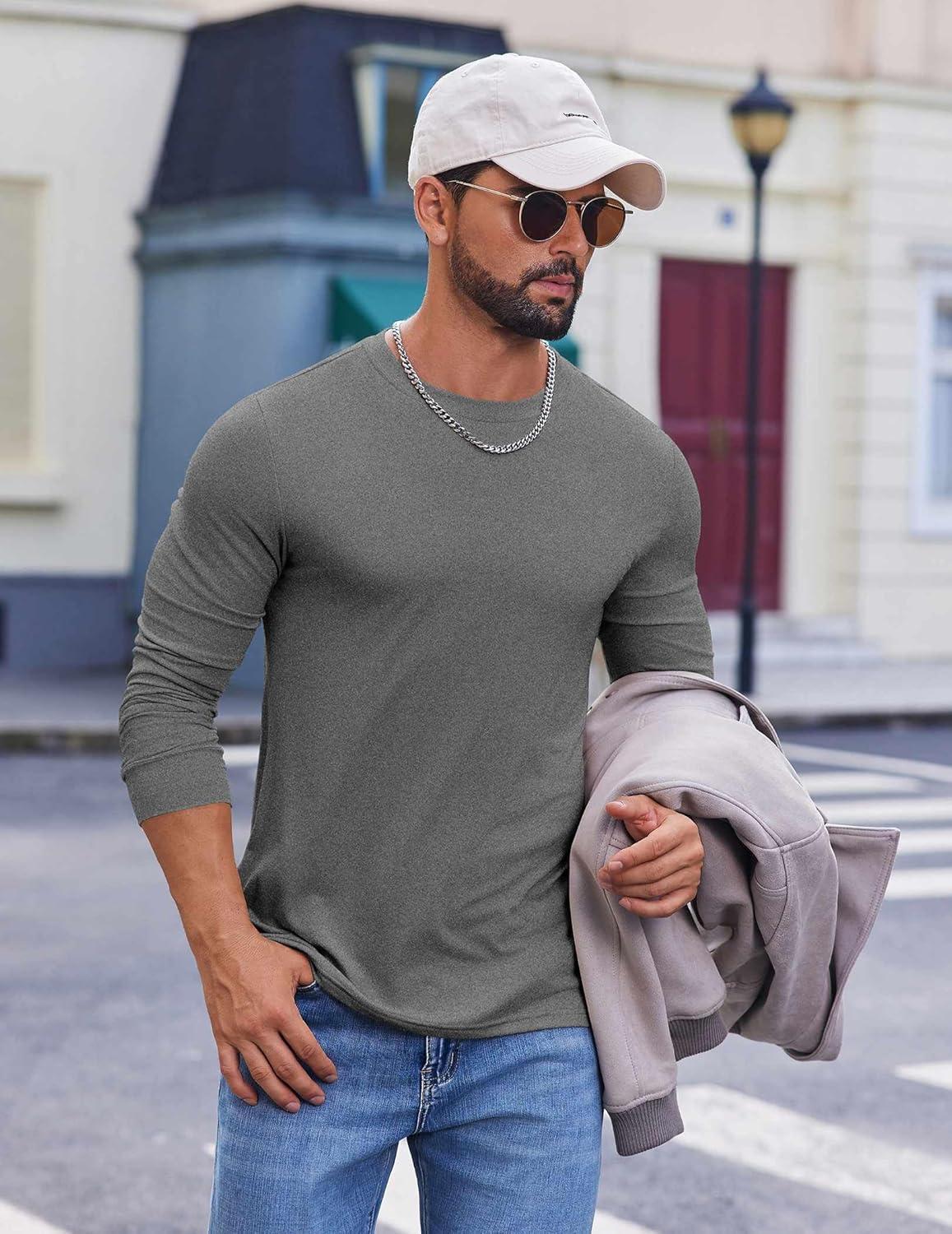 imageCOOFANDY Mens Long Sleeve Tee Shirts Crew Neck TShirt Casual Pullover Basic Tees Soft Stretch TshirtsBlack Heather