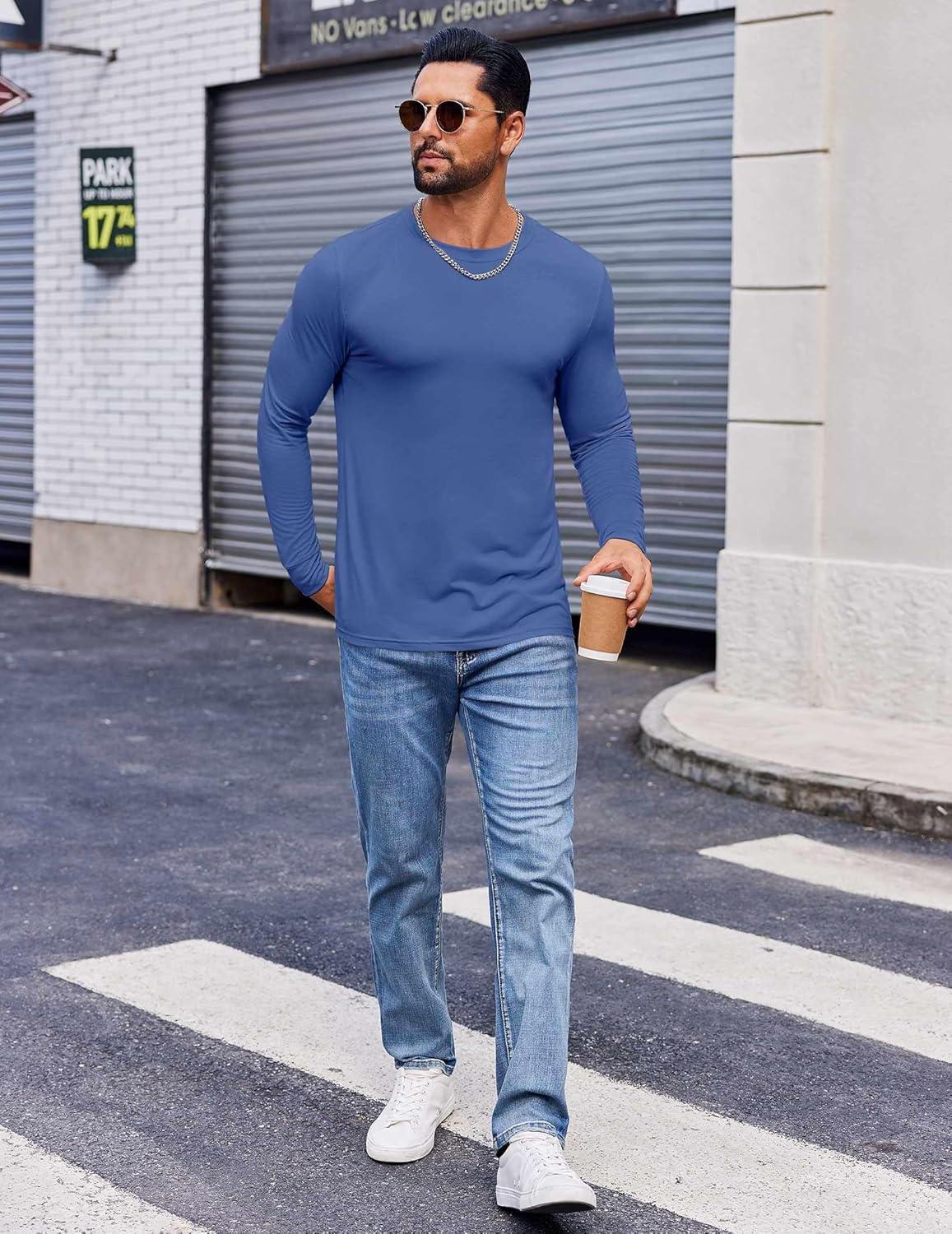 imageCOOFANDY Mens Long Sleeve Tee Shirts Crew Neck TShirt Casual Pullover Basic Tees Soft Stretch TshirtsBlue