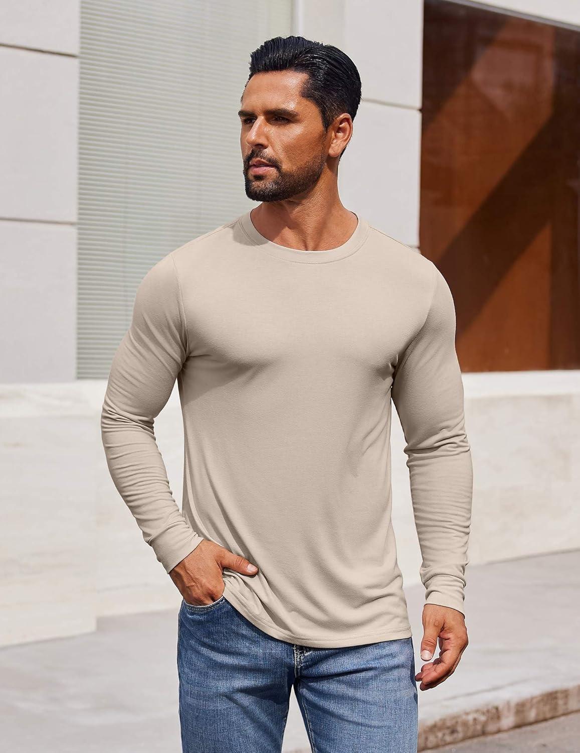 imageCOOFANDY Mens Long Sleeve Tee Shirts Crew Neck TShirt Casual Pullover Basic Tees Soft Stretch TshirtsLight Apricot
