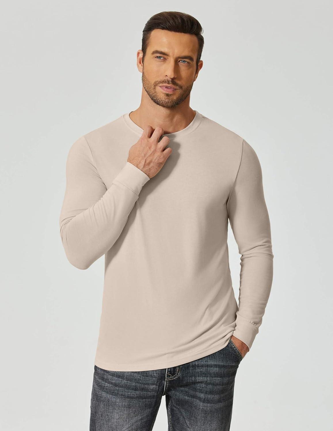 imageCOOFANDY Mens Long Sleeve Tee Shirts Crew Neck TShirt Casual Pullover Basic Tees Soft Stretch TshirtsLight Apricot