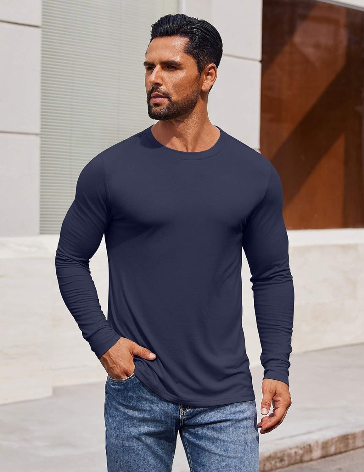 imageCOOFANDY Mens Long Sleeve Tee Shirts Crew Neck TShirt Casual Pullover Basic Tees Soft Stretch TshirtsNavy