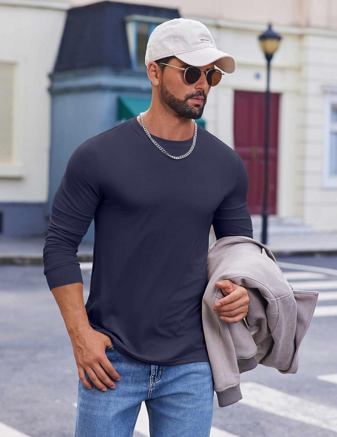 imageCOOFANDY Mens Long Sleeve Tee Shirts Crew Neck TShirt Casual Pullover Basic Tees Soft Stretch TshirtsNavy