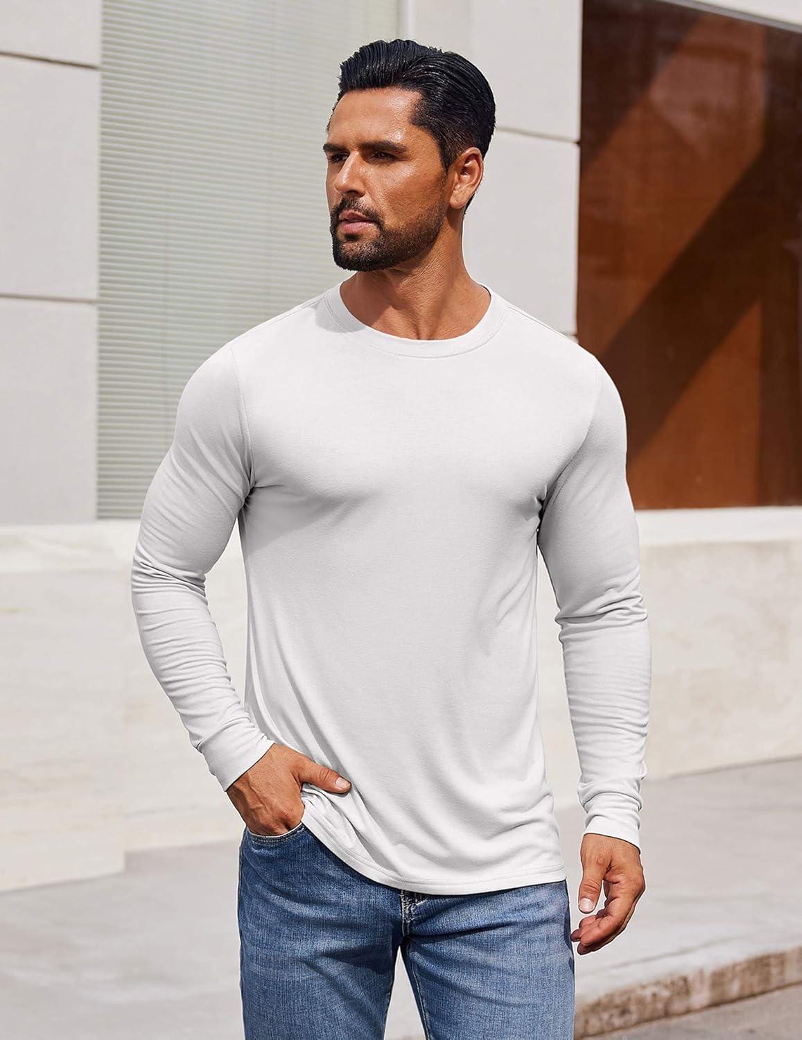 imageCOOFANDY Mens Long Sleeve Tee Shirts Crew Neck TShirt Casual Pullover Basic Tees Soft Stretch TshirtsWhite