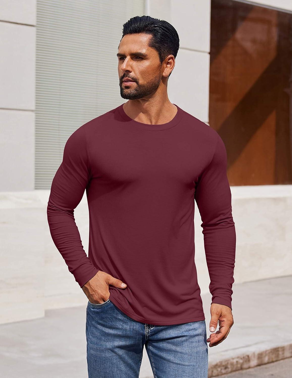 imageCOOFANDY Mens Long Sleeve Tee Shirts Crew Neck TShirt Casual Pullover Basic Tees Soft Stretch TshirtsWine Red