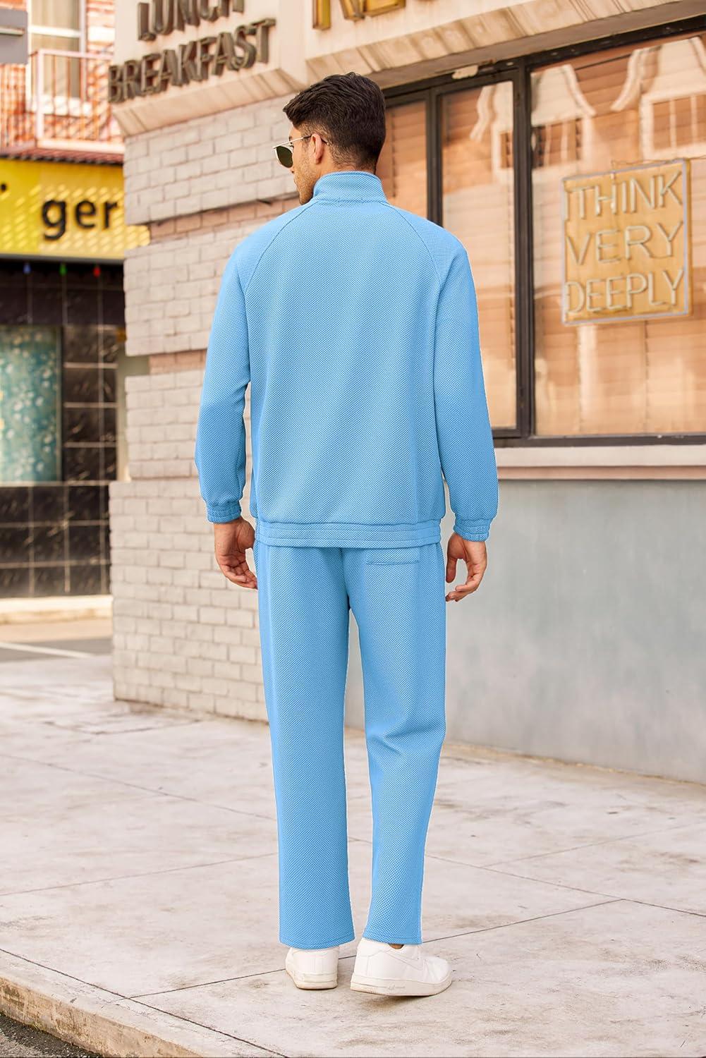 imageCOOFANDY Mens Tracksuit 2 Piece Relaxed Fit Halfzip Sweatsuits Athletic Running Jogging Suit SetsLight Blue