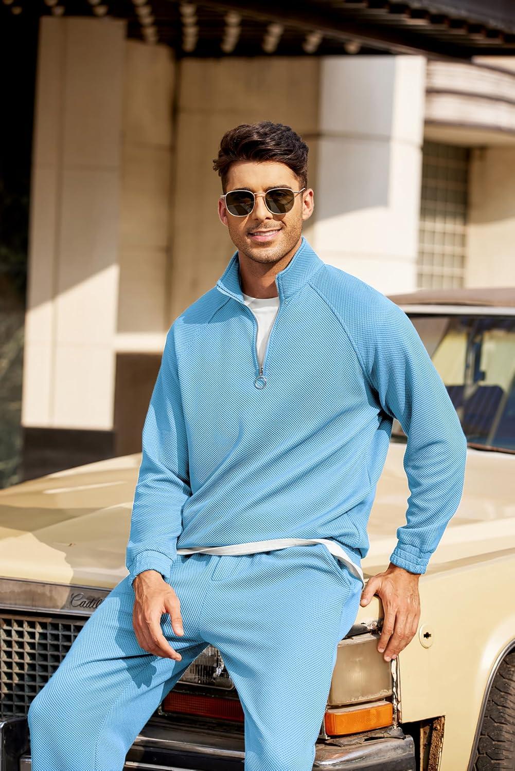 imageCOOFANDY Mens Tracksuit 2 Piece Relaxed Fit Halfzip Sweatsuits Athletic Running Jogging Suit SetsLight Blue