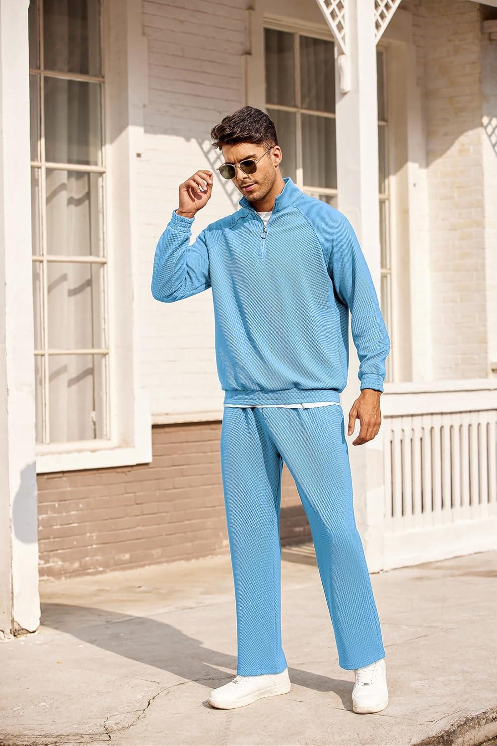 imageCOOFANDY Mens Tracksuit 2 Piece Relaxed Fit Halfzip Sweatsuits Athletic Running Jogging Suit SetsLight Blue