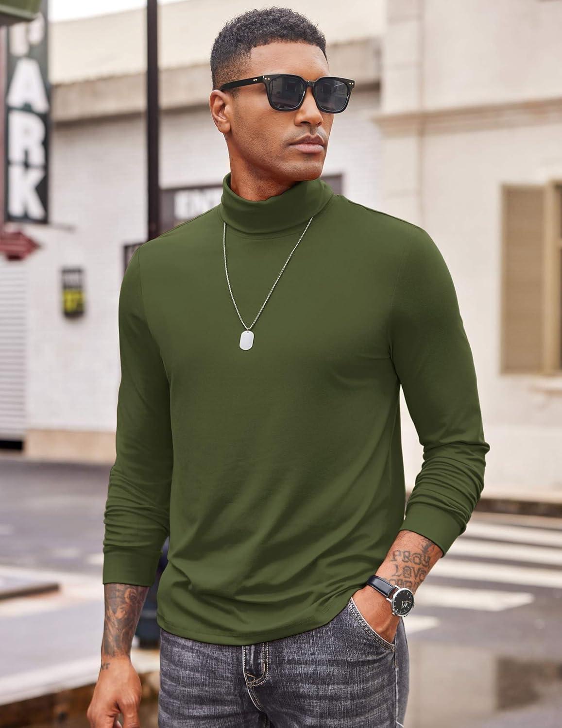 imageCOOFANDY Mens Turtleneck T Shirt Long Sleeve Pullover Sweater Slim Fit Lightweight Thermal Undershirt TopsArmy Green