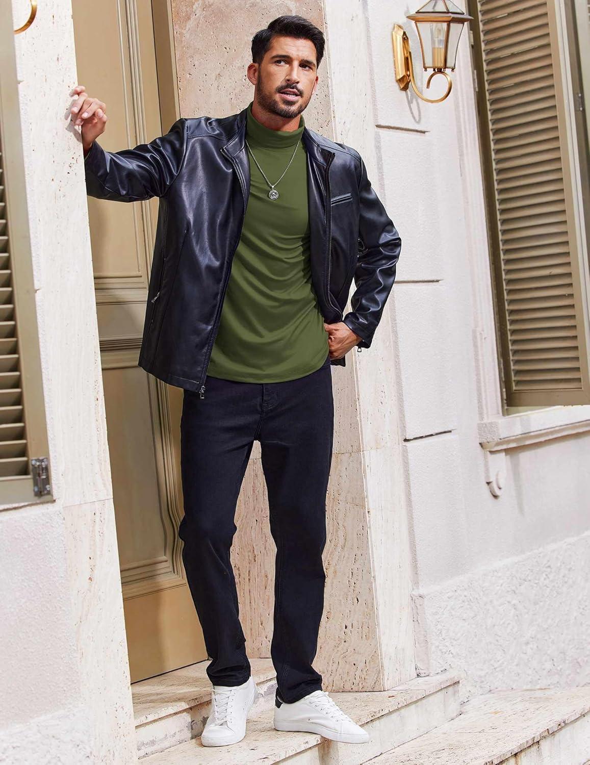 imageCOOFANDY Mens Turtleneck T Shirt Long Sleeve Pullover Sweater Slim Fit Lightweight Thermal Undershirt TopsArmy Green