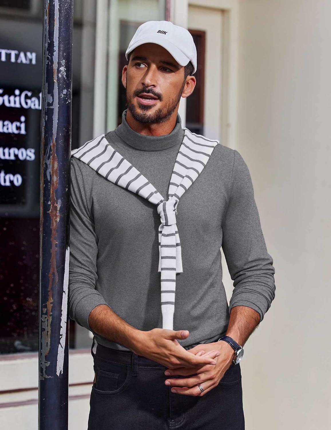 imageCOOFANDY Mens Turtleneck T Shirt Long Sleeve Pullover Sweater Slim Fit Lightweight Thermal Undershirt TopsDark Grey