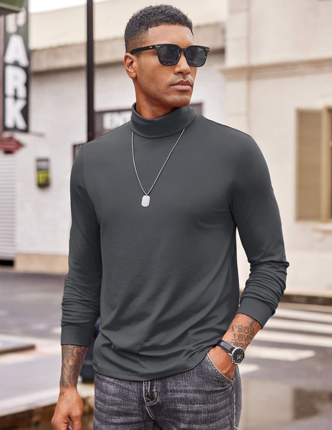 imageCOOFANDY Mens Turtleneck T Shirt Long Sleeve Pullover Sweater Slim Fit Lightweight Thermal Undershirt TopsDeep Grey