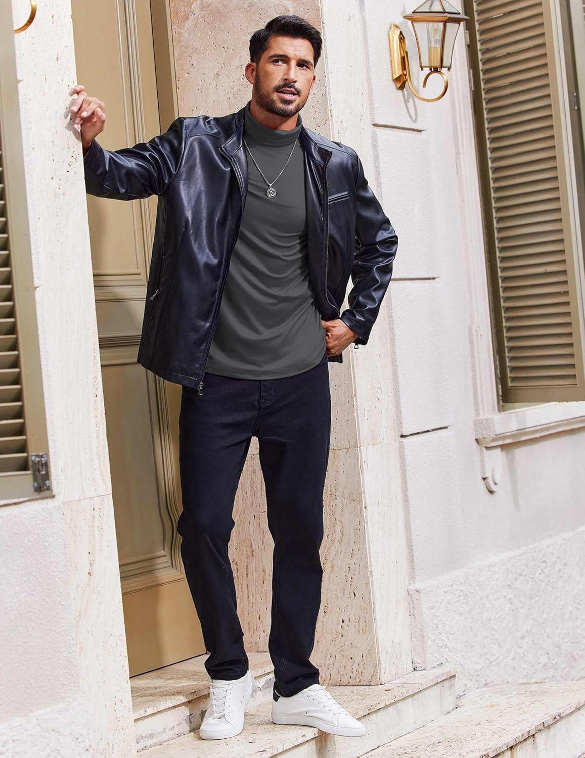 imageCOOFANDY Mens Turtleneck T Shirt Long Sleeve Pullover Sweater Slim Fit Lightweight Thermal Undershirt TopsDeep Grey