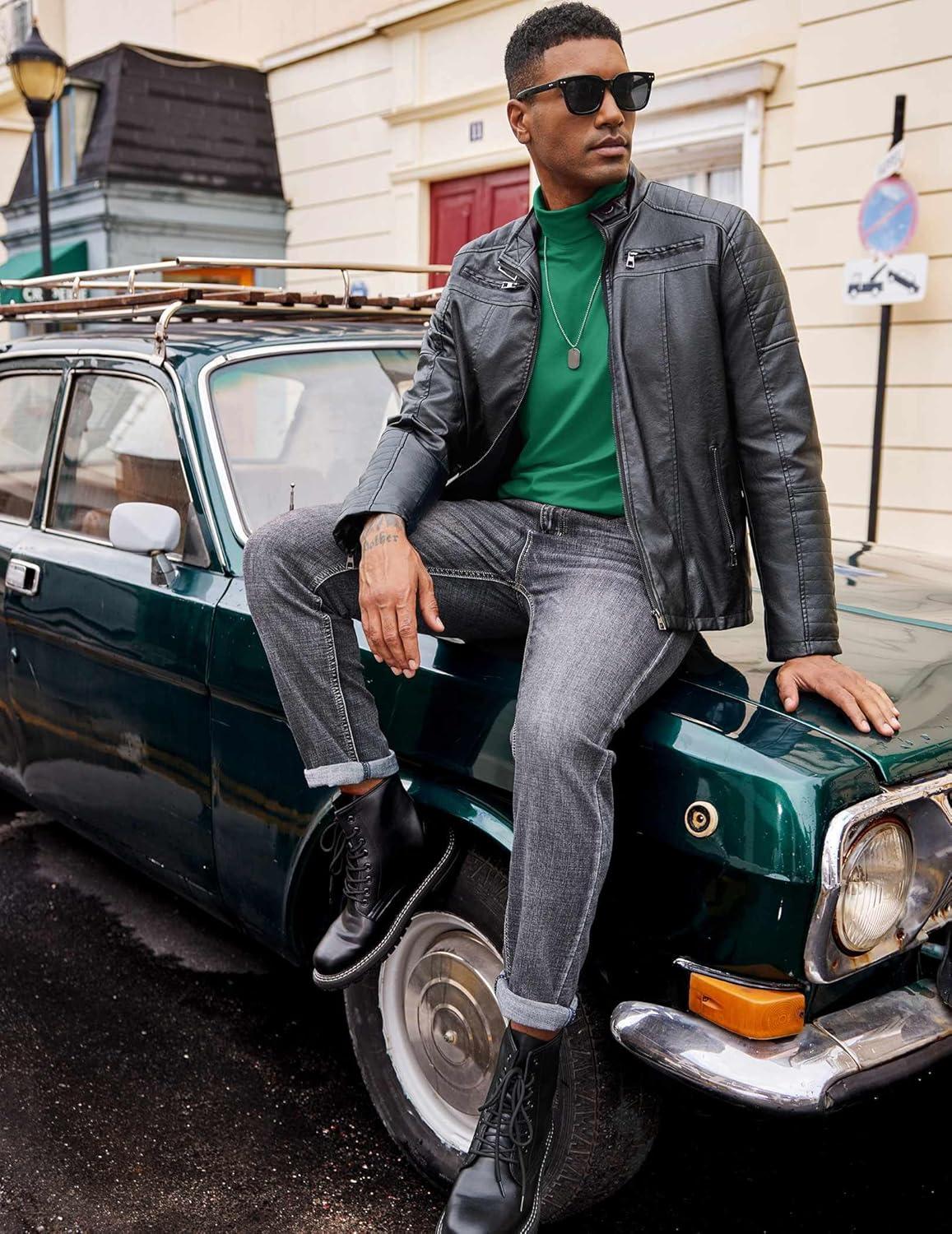 imageCOOFANDY Mens Turtleneck T Shirt Long Sleeve Pullover Sweater Slim Fit Lightweight Thermal Undershirt TopsGreen