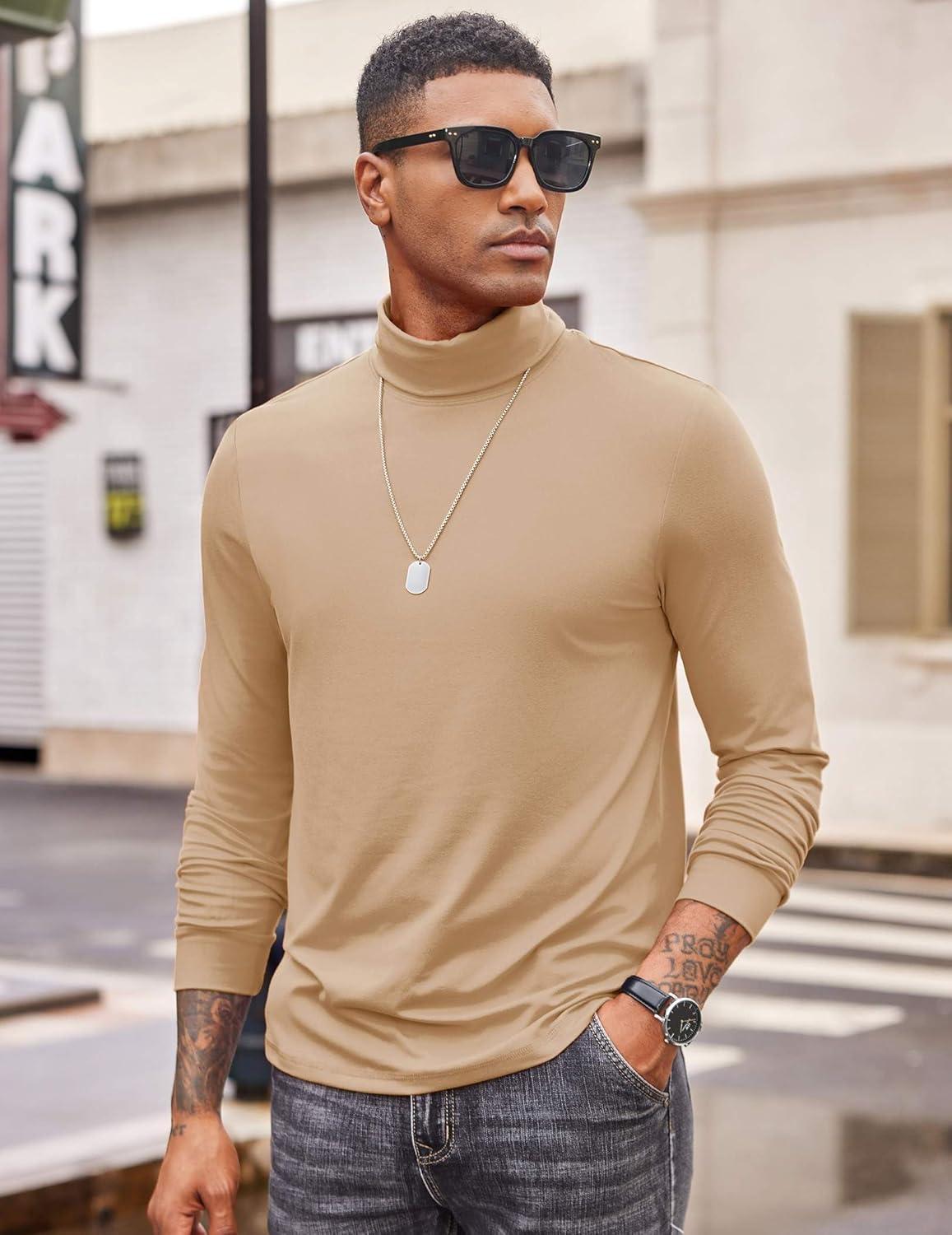 imageCOOFANDY Mens Turtleneck T Shirt Long Sleeve Pullover Sweater Slim Fit Lightweight Thermal Undershirt TopsKhaki