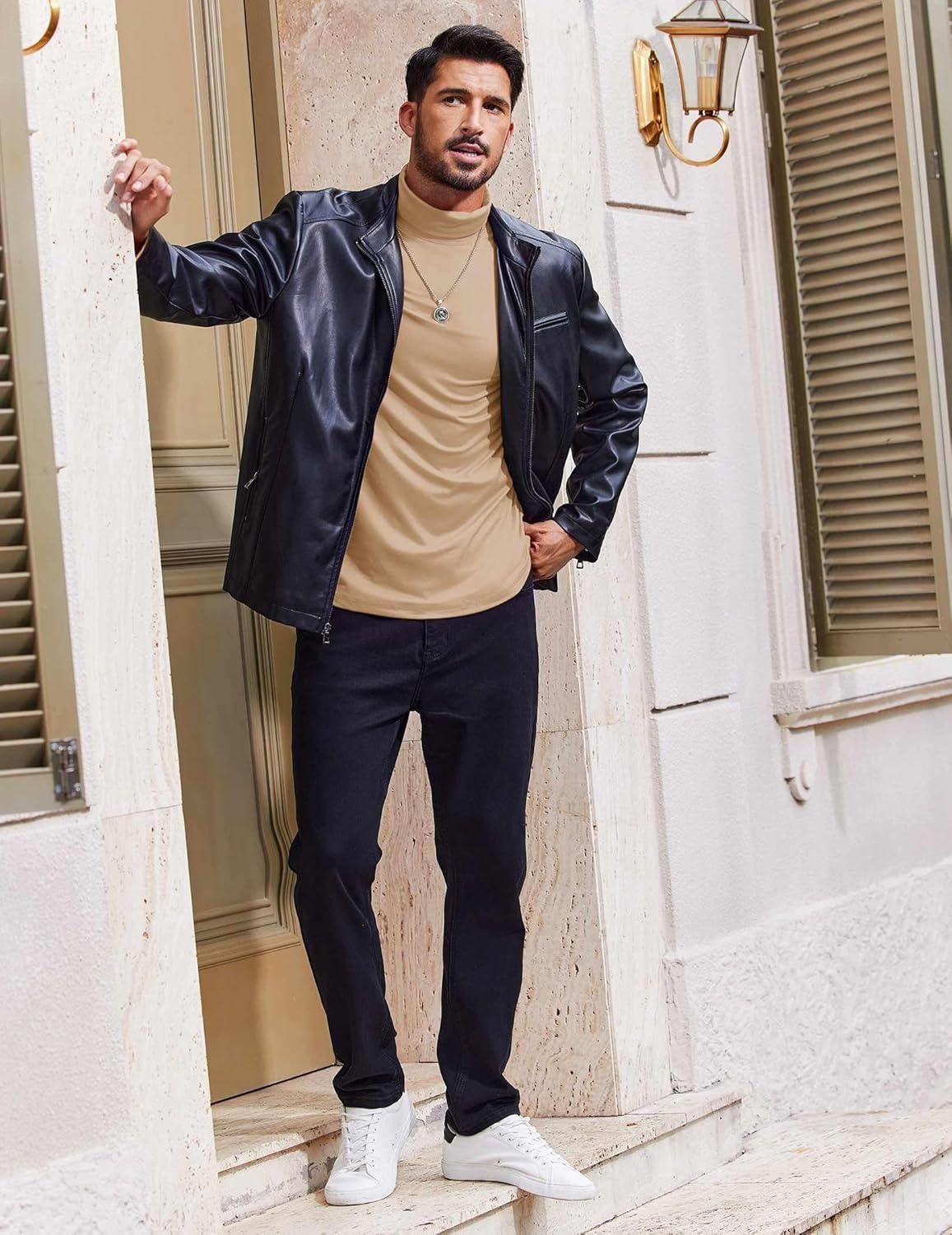 imageCOOFANDY Mens Turtleneck T Shirt Long Sleeve Pullover Sweater Slim Fit Lightweight Thermal Undershirt TopsKhaki