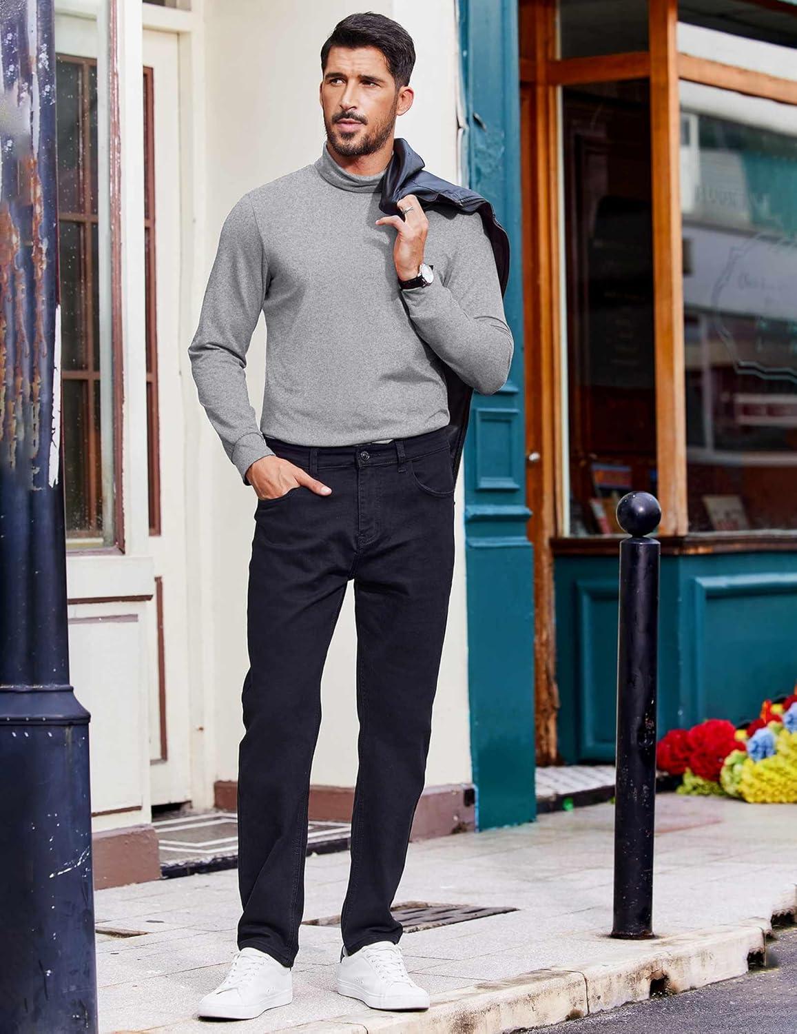 imageCOOFANDY Mens Turtleneck T Shirt Long Sleeve Pullover Sweater Slim Fit Lightweight Thermal Undershirt TopsLight Grey