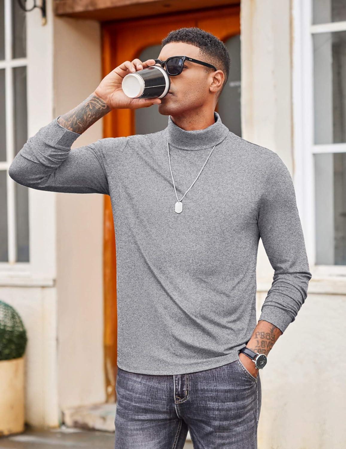imageCOOFANDY Mens Turtleneck T Shirt Long Sleeve Pullover Sweater Slim Fit Lightweight Thermal Undershirt TopsLight Grey