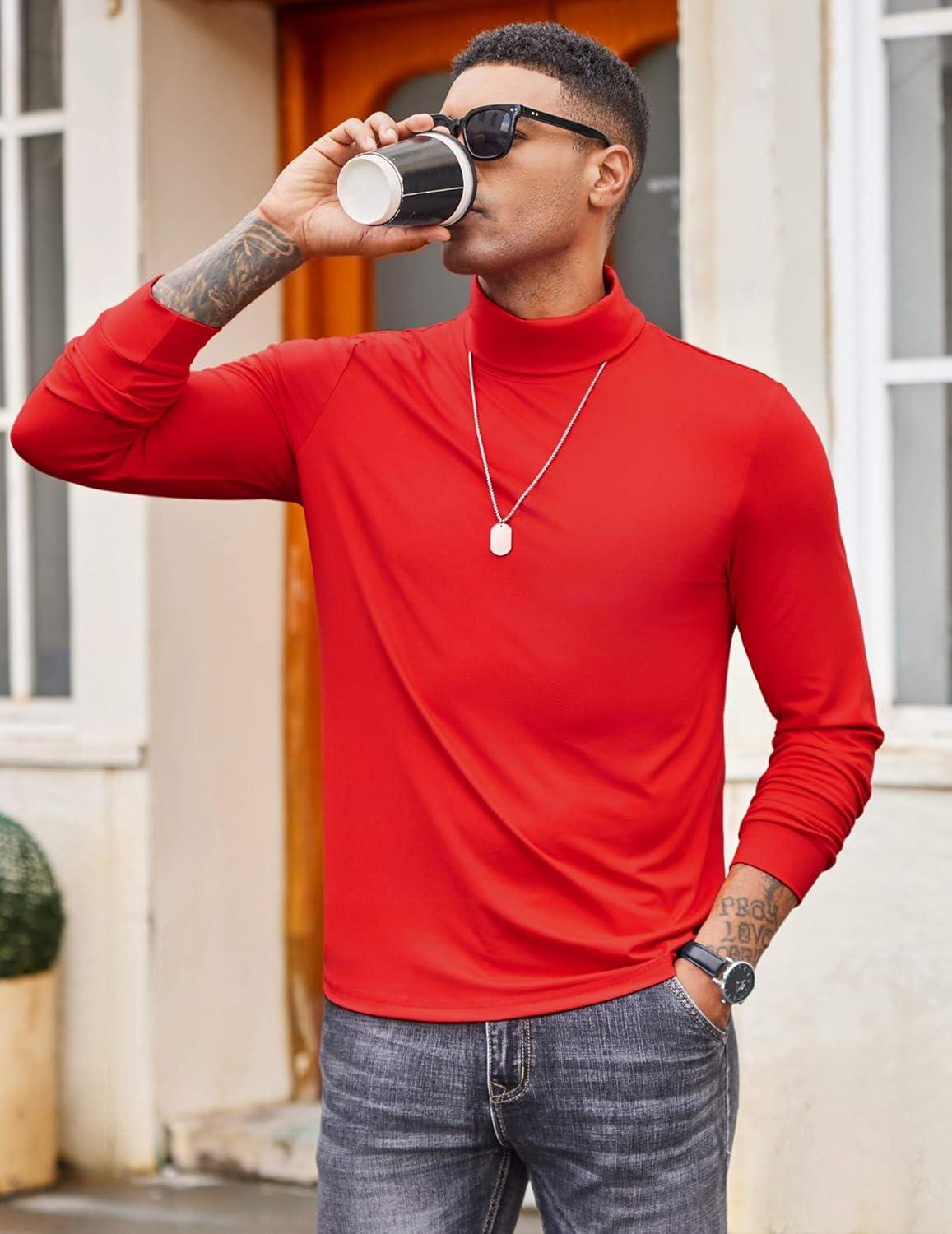 imageCOOFANDY Mens Turtleneck T Shirt Long Sleeve Pullover Sweater Slim Fit Lightweight Thermal Undershirt TopsRed
