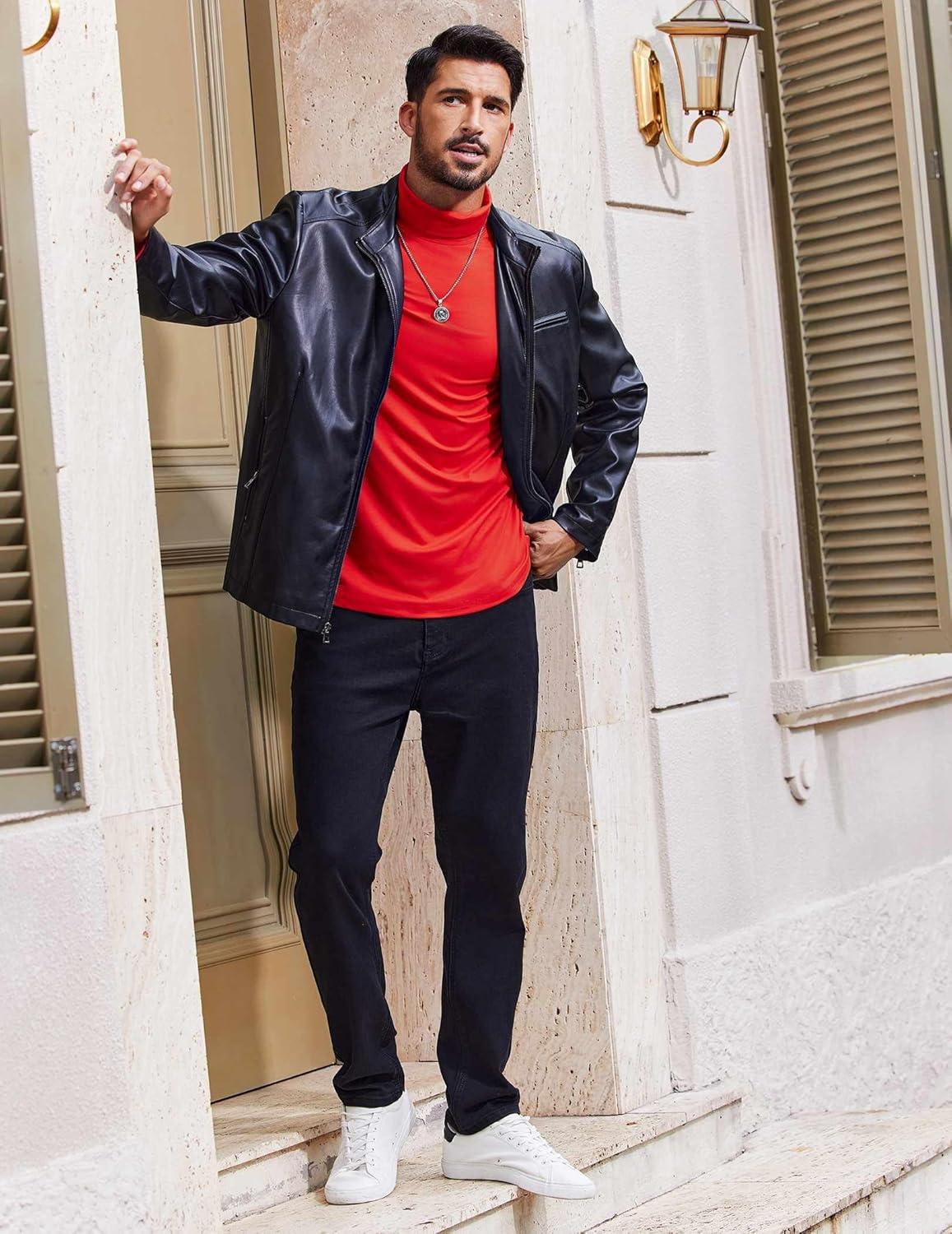 imageCOOFANDY Mens Turtleneck T Shirt Long Sleeve Pullover Sweater Slim Fit Lightweight Thermal Undershirt TopsRed