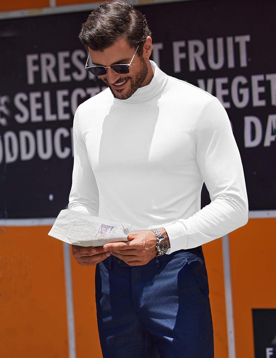 imageCOOFANDY Mens Turtleneck T Shirt Long Sleeve Pullover Sweater Slim Fit Lightweight Thermal Undershirt TopsWhite
