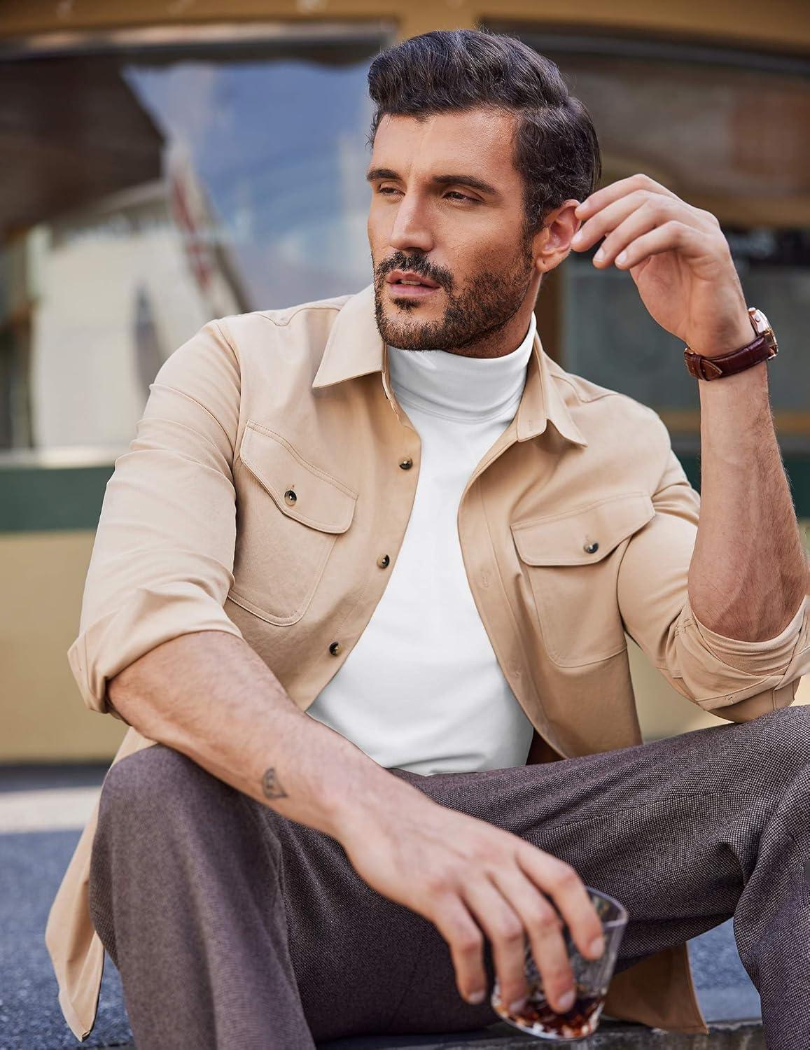 imageCOOFANDY Mens Turtleneck T Shirt Long Sleeve Pullover Sweater Slim Fit Lightweight Thermal Undershirt TopsWhite