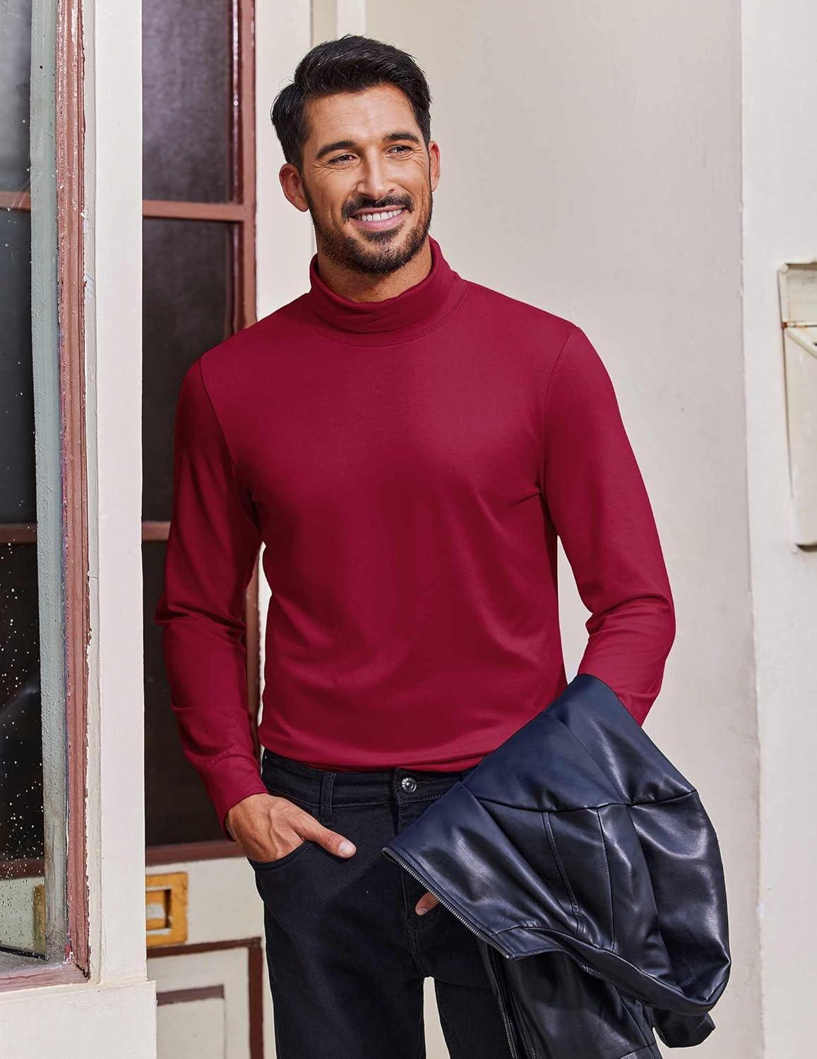 imageCOOFANDY Mens Turtleneck T Shirt Long Sleeve Pullover Sweater Slim Fit Lightweight Thermal Undershirt TopsWine Red